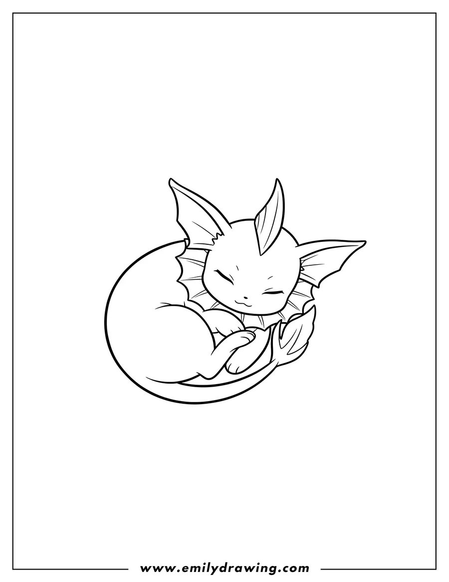 Outline drawing of baby Vaporeon Sleeping Ball, eyes closed, Preschoolers
