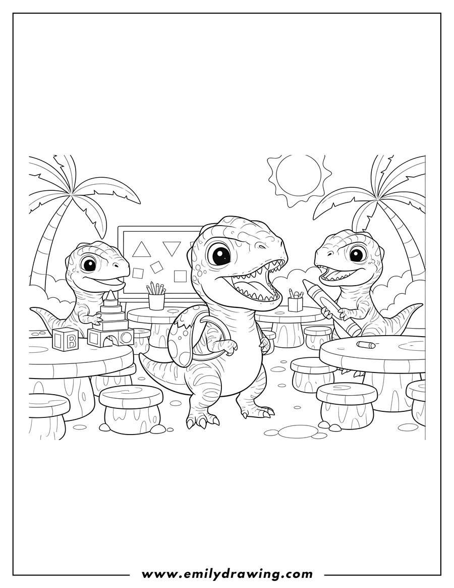 Clean line drawing: baby Velociraptor Preschoolers Scaled, standing with open mouth