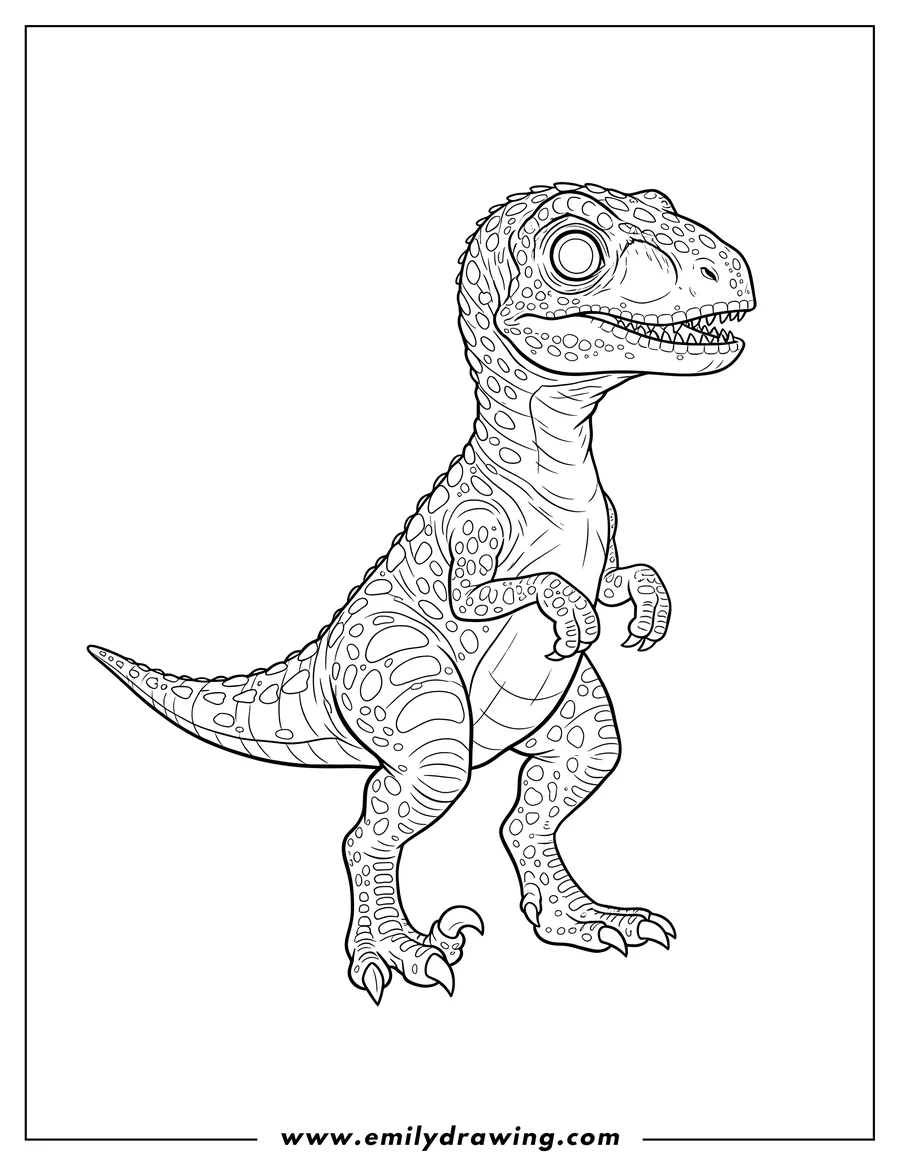 Coloring sheet featuring baby Velociraptor Scaled, standing and looking right