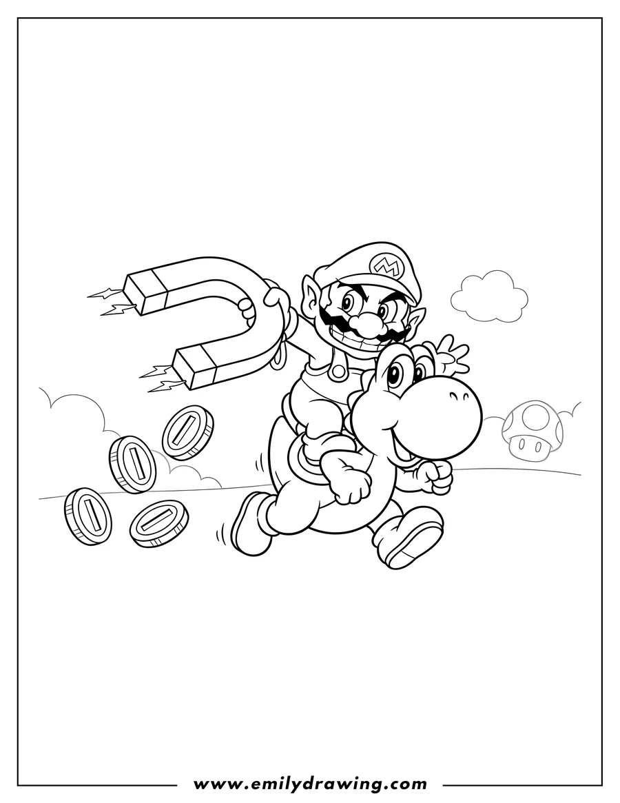 Coloring sheet featuring baby Wario Riding Yoshi, using a magnet to collect coins