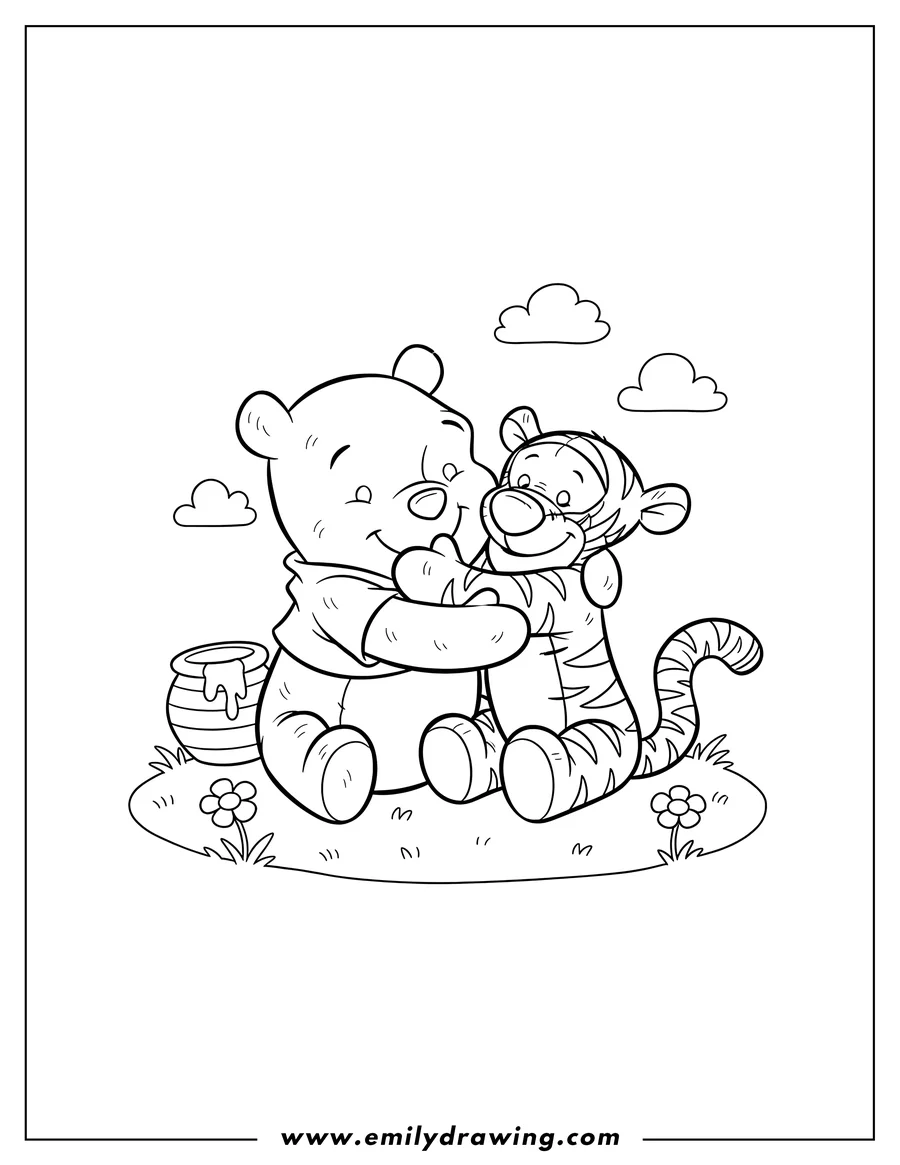 Coloring sheet featuring baby Winnie Pooh and Tigger sitting and hugging