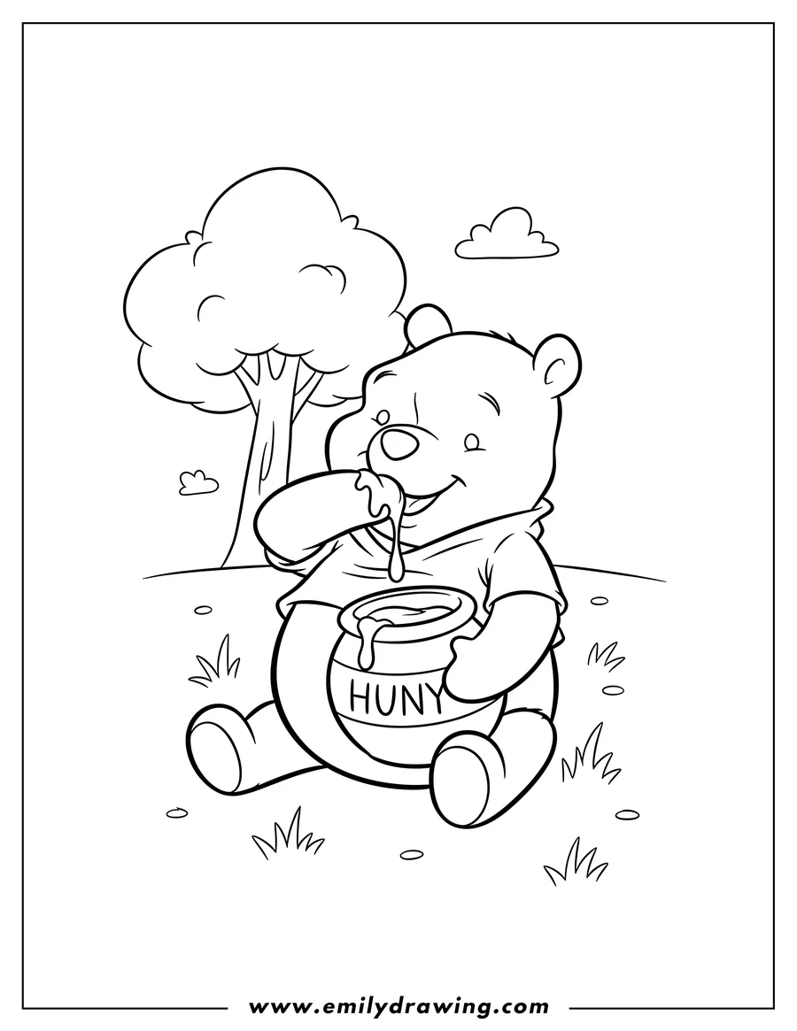 Vector style outline of baby Winnie Pooh Eating Honey Scaled, sitting, holding a honey pot, and licking honey from his paw