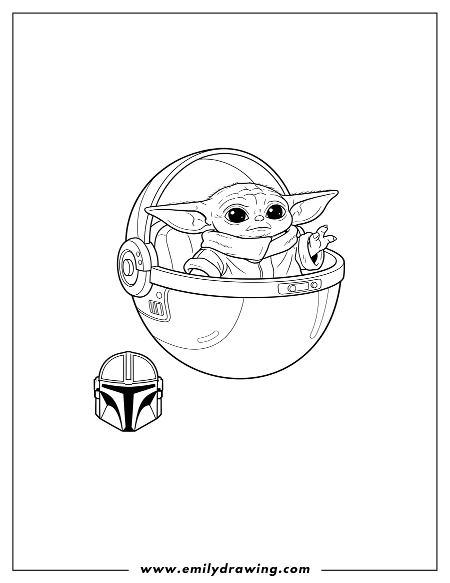 Coloring page for kids: baby Yoda in his pram with The Mandalorian logo