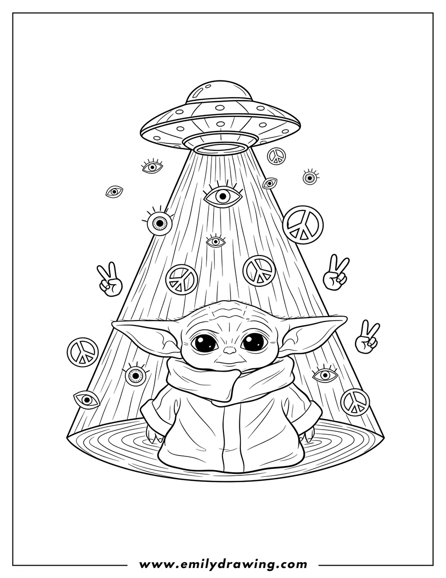 Coloring page for kids: baby Yoda sitting, with a UFO light beam and trippy floating eyes and peace signs