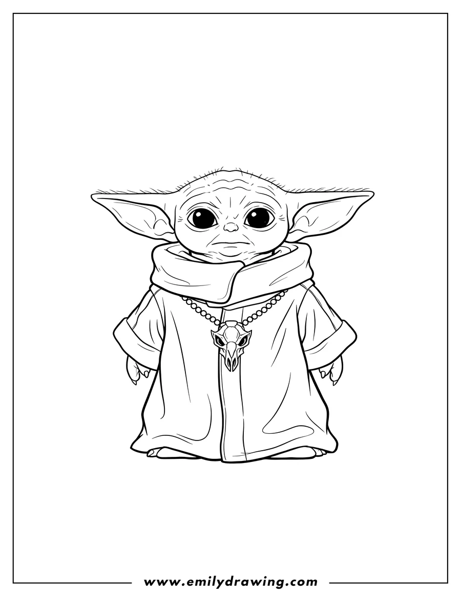 PDF style coloring page: baby Yoda wearing his robe and a Mythosaur skull necklace