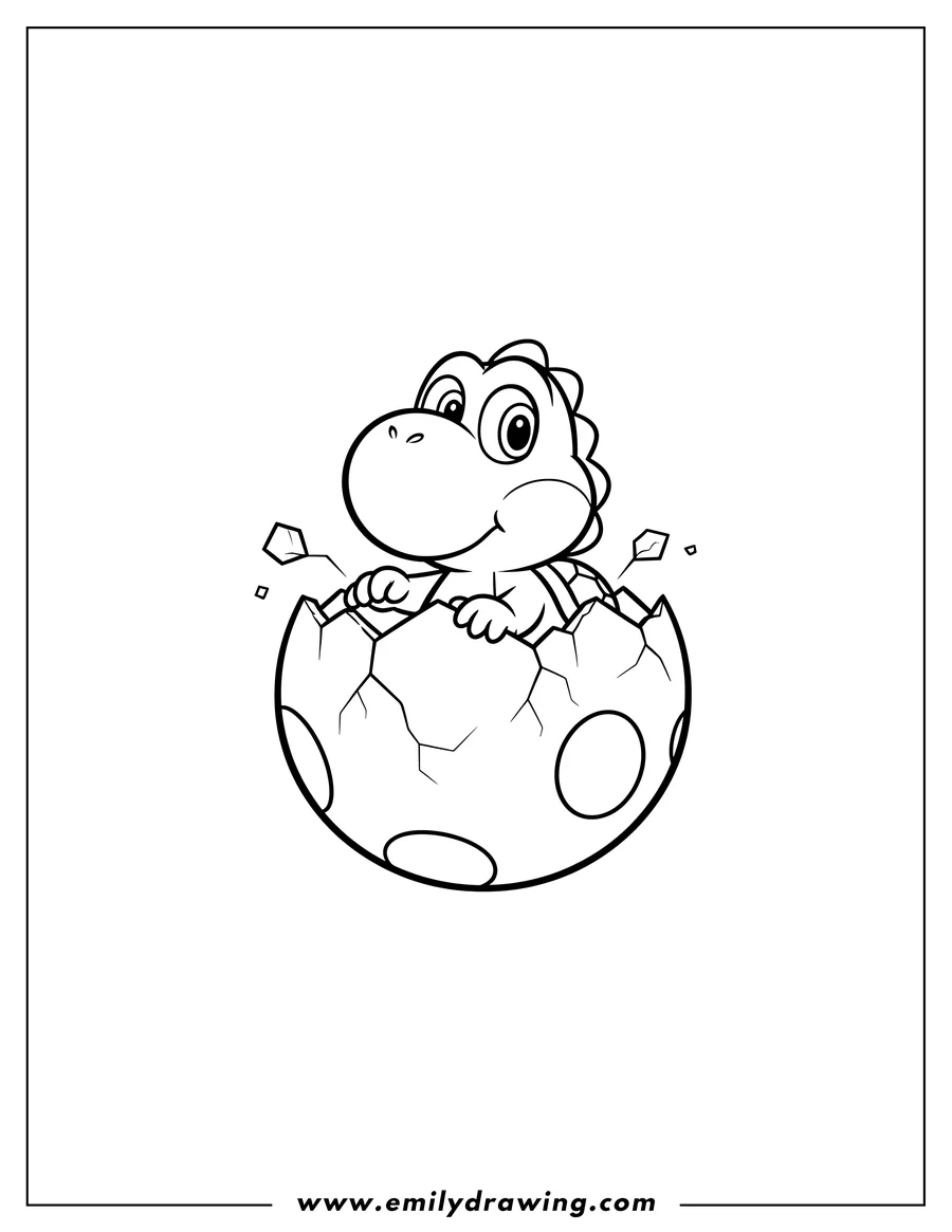 Clean line drawing: baby Yoshi hatching from a cracked egg, peeking out with big eyes