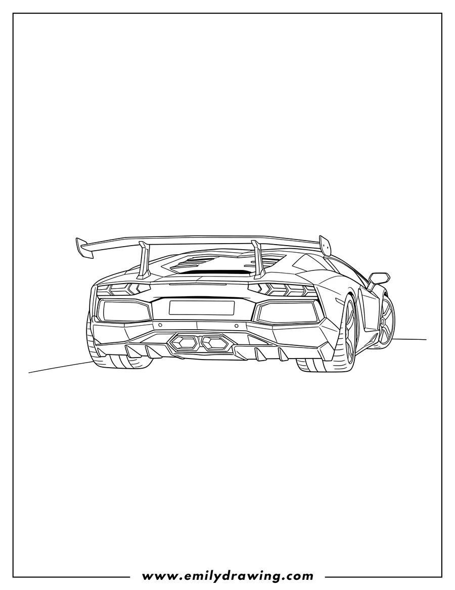 Outline drawing of back Profile Lamborghini Aventador with a large rear spoiler and hexagonal exhaust pipes