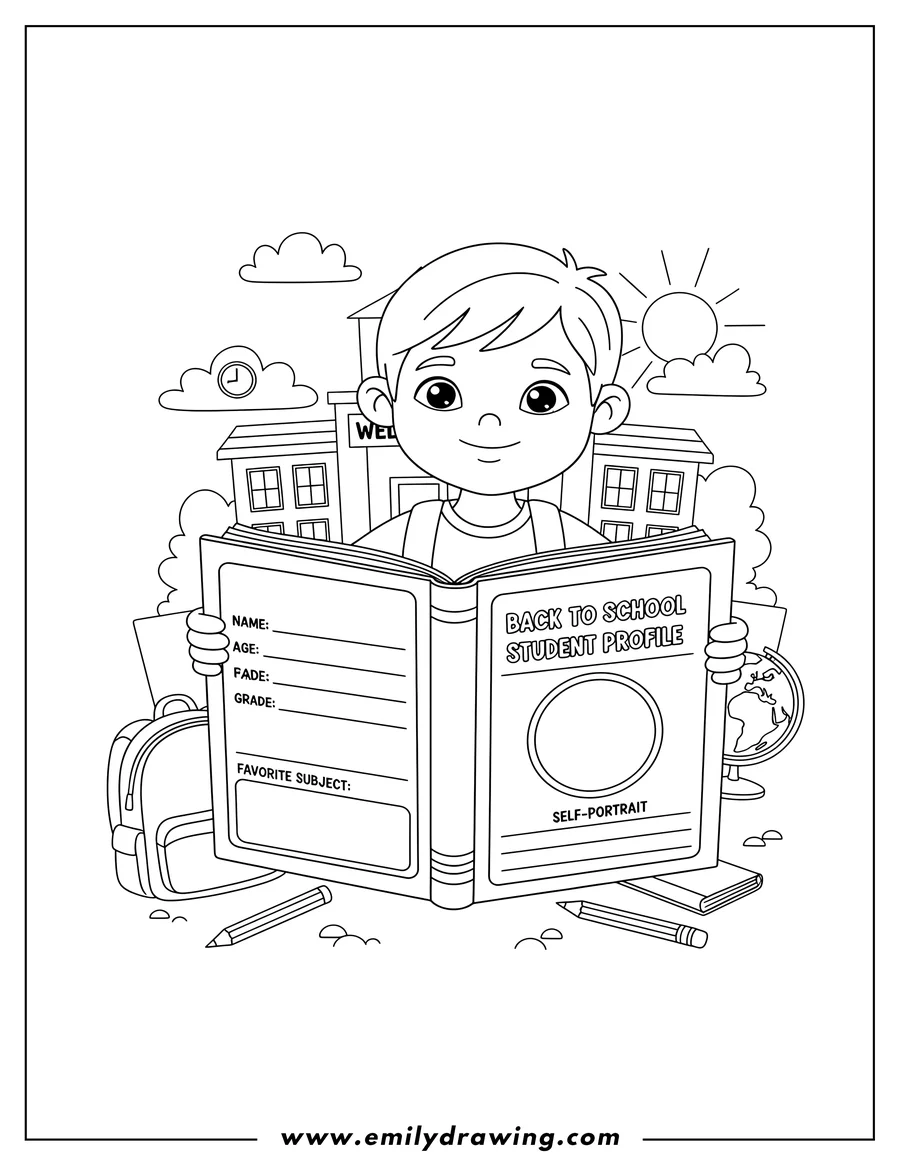 Printable coloring page of back To School Student Profile activity page featuring a school building