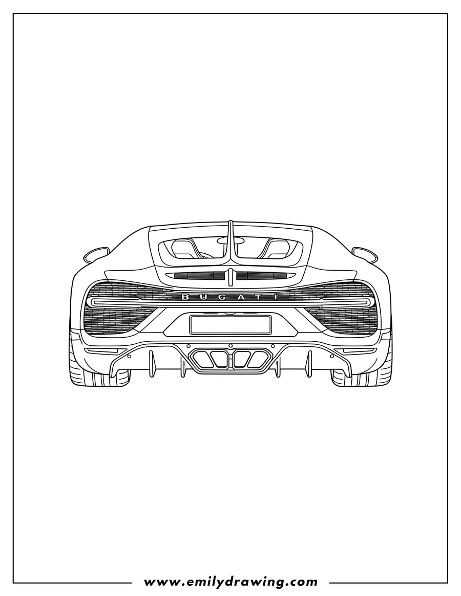 Black and white line art of back View Bugatti Centodieci coloring page, with 'BUGATTI' text and a license plate