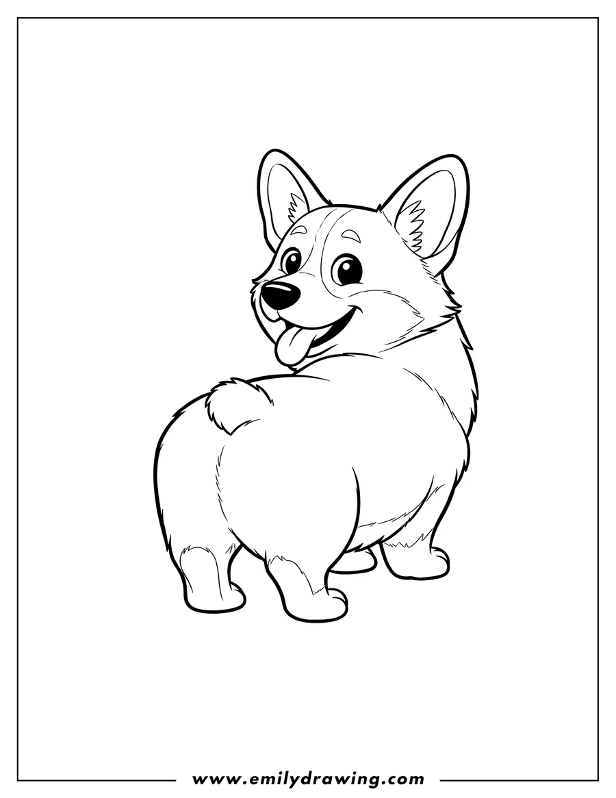 Full page coloring image of back View Cute Corgi with head turned looking back, tongue out