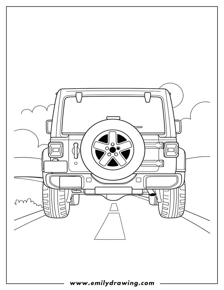 Simple sketch of back View Jeep Wrangler with a spare tire on a road to color