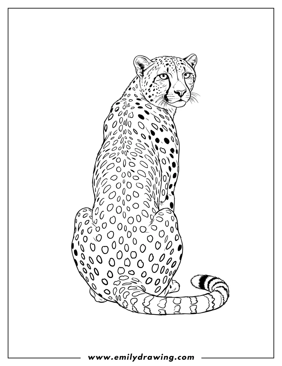 Downloadable coloring page of back View Realistic Adult Cheetah, sitting and looking over its shoulder