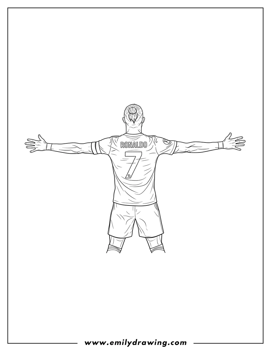 Free to print drawing of cristiano Ronaldo Scaled, from the back with arms outstretched, wearing his number 7 jersey