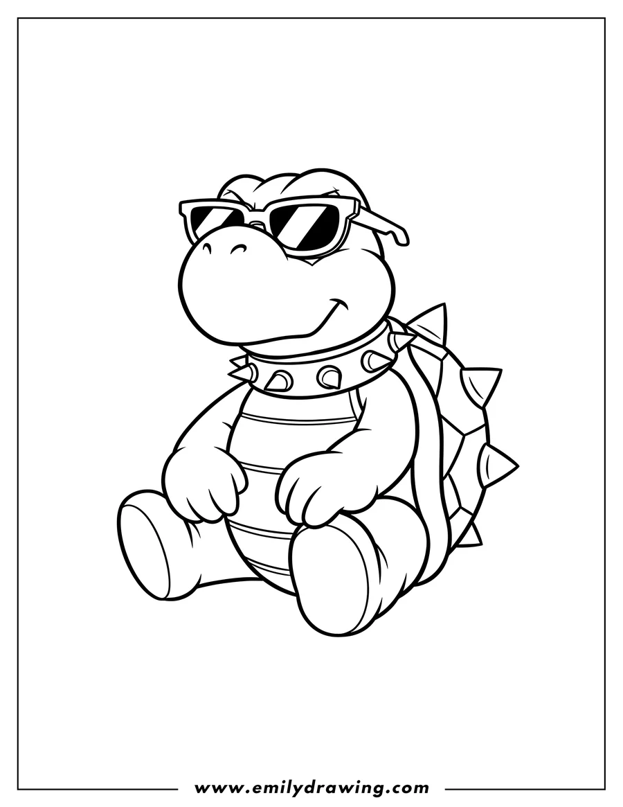 Printable coloring page of bad Koopa Troopa with sunglasses, wearing a spiked collar and sitting