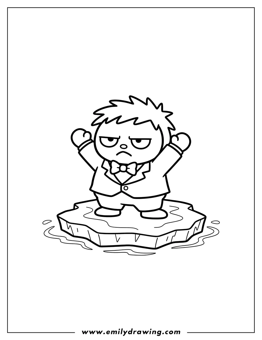 Vector style outline of badtz Maru with arms up and a grumpy expression, standing on an ice floe
