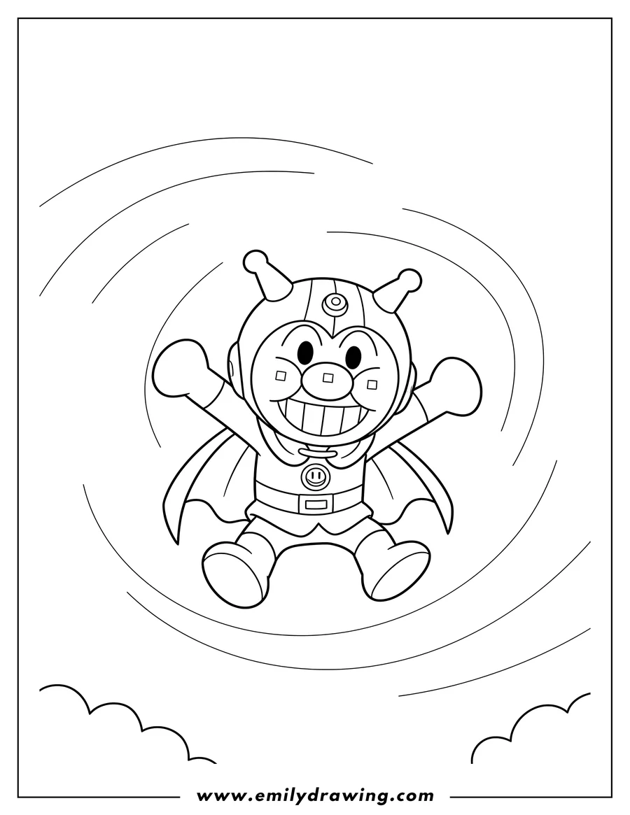 Printable coloring page of baikinman jumping with a wide grin