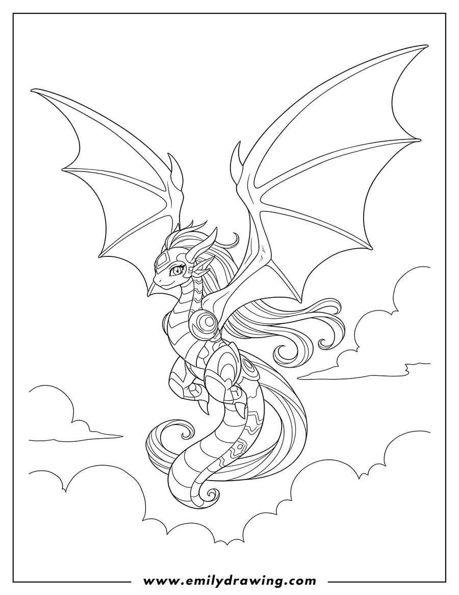 Clean line drawing: bakugan Wavern flying with wings spread wide and head turned