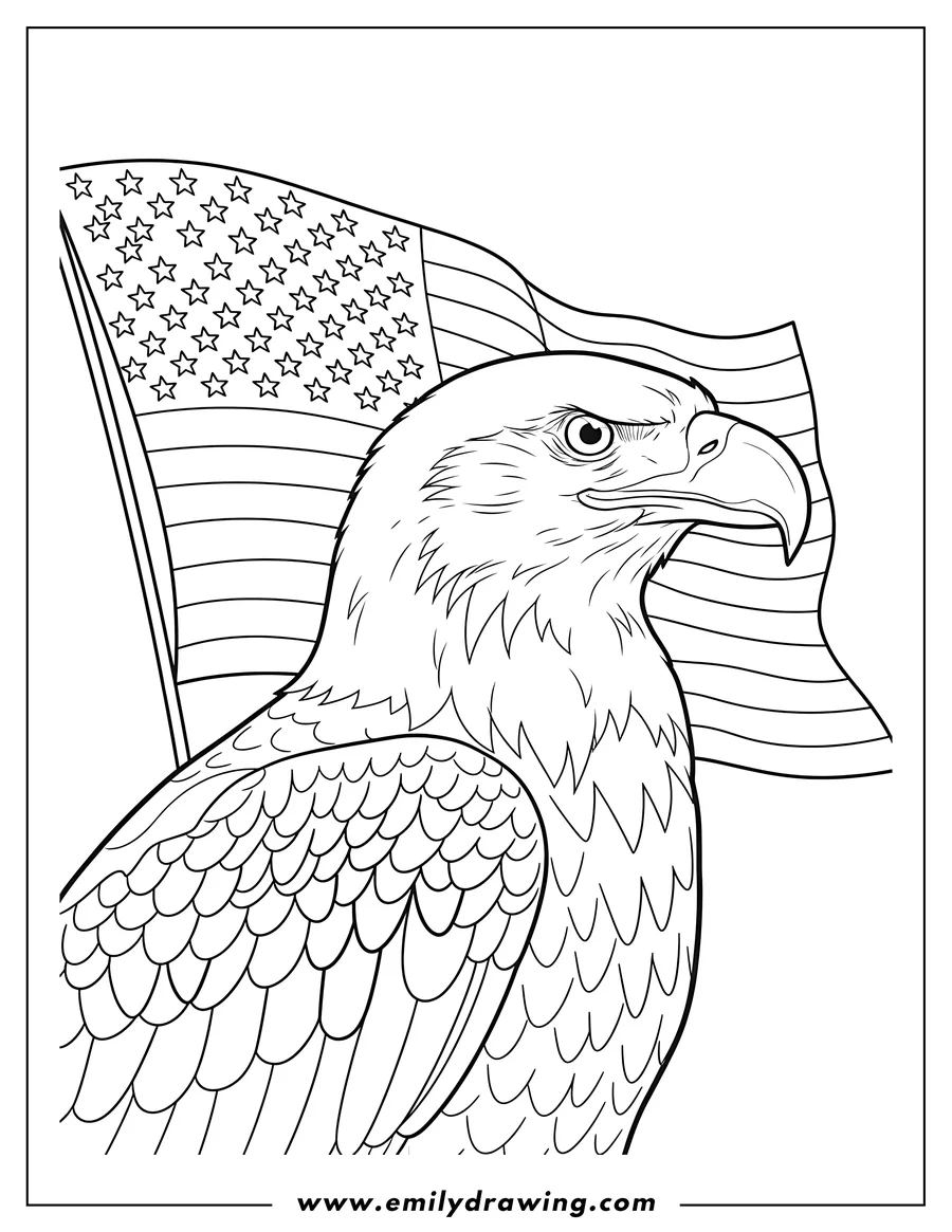 Downloadable coloring page of bald Eagle in profile, looking right, with a waving US flag behind it