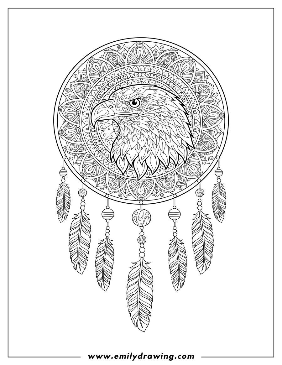 Simple sketch of bald Eagle head in a detailed mandala dreamcatcher with hanging feathers and beads to color