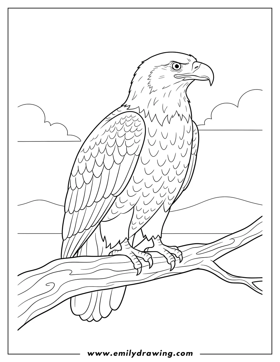 Black and white line art of bald Eagle Perched On Branch To Color Scaled, looking right