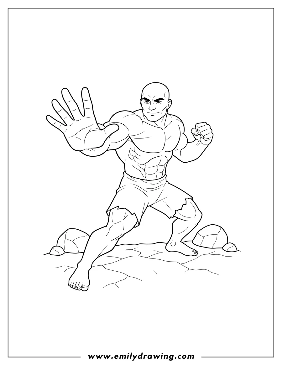 Downloadable coloring page of bald, muscular man in a rock fighting stance, with one hand open and the other a clenched fist