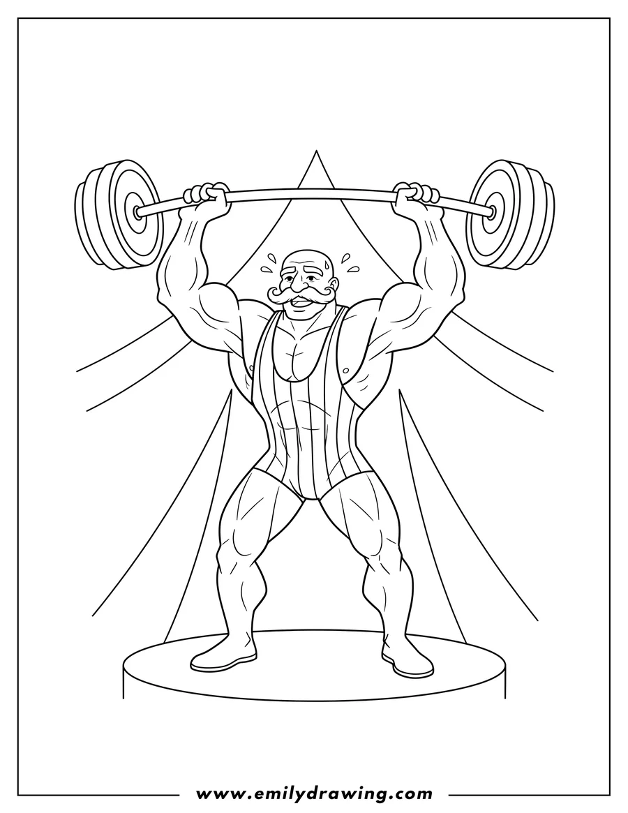 High quality printable bald Strongman With Mustache in Striped Singlet Lifting Weights Overhead for coloring