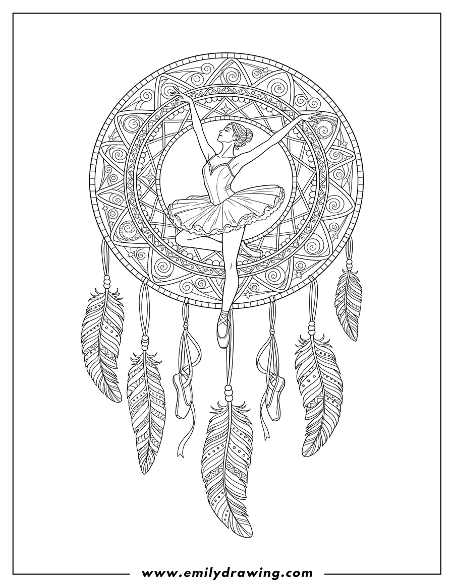 Simple sketch of ballet Dancer Leaping inside An Intricate Dreamcatcher with hanging feathers and ballet pointe shoes to color