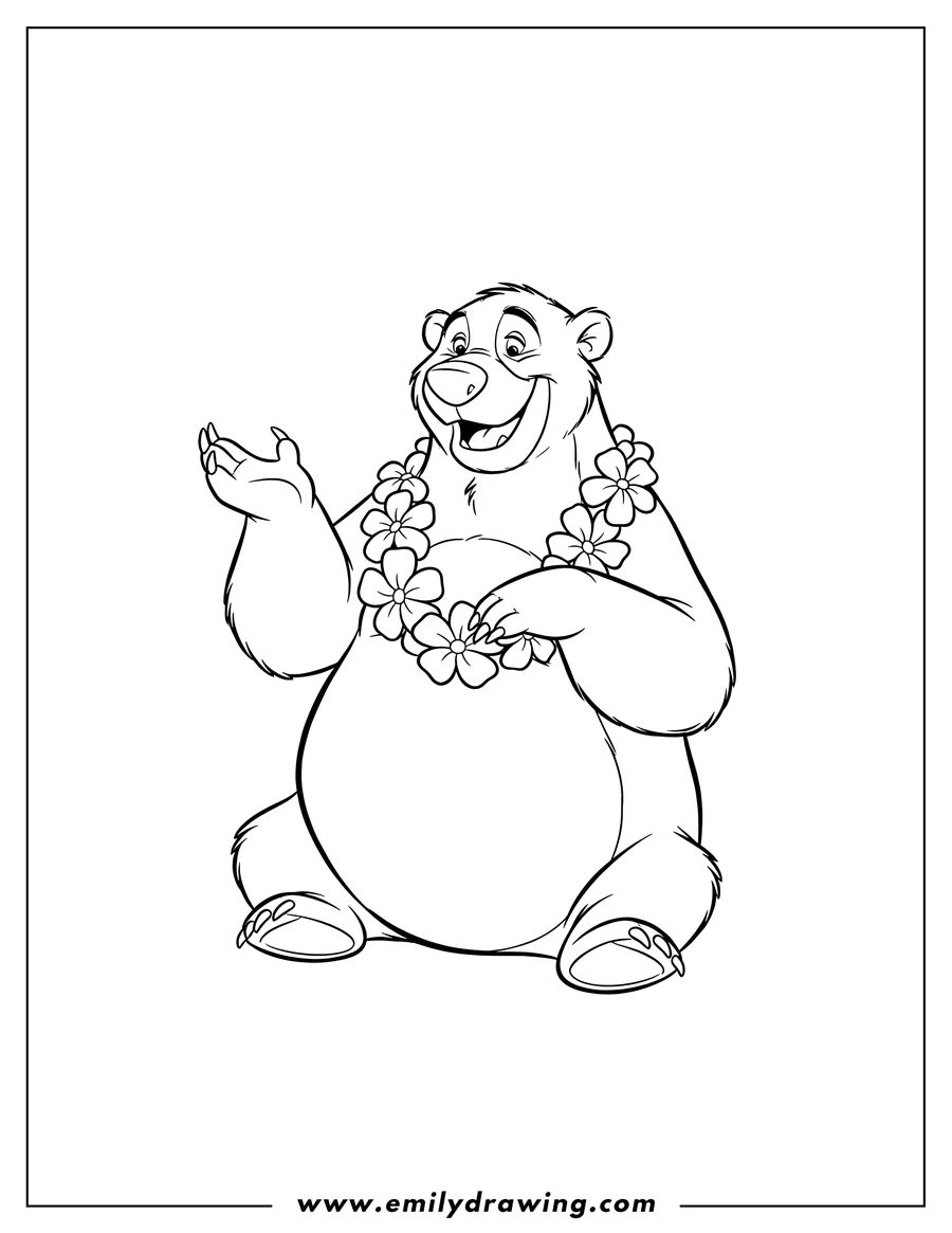 Coloring sheet featuring baloo Bear from Jungle Book, smiling and sitting with raised paws