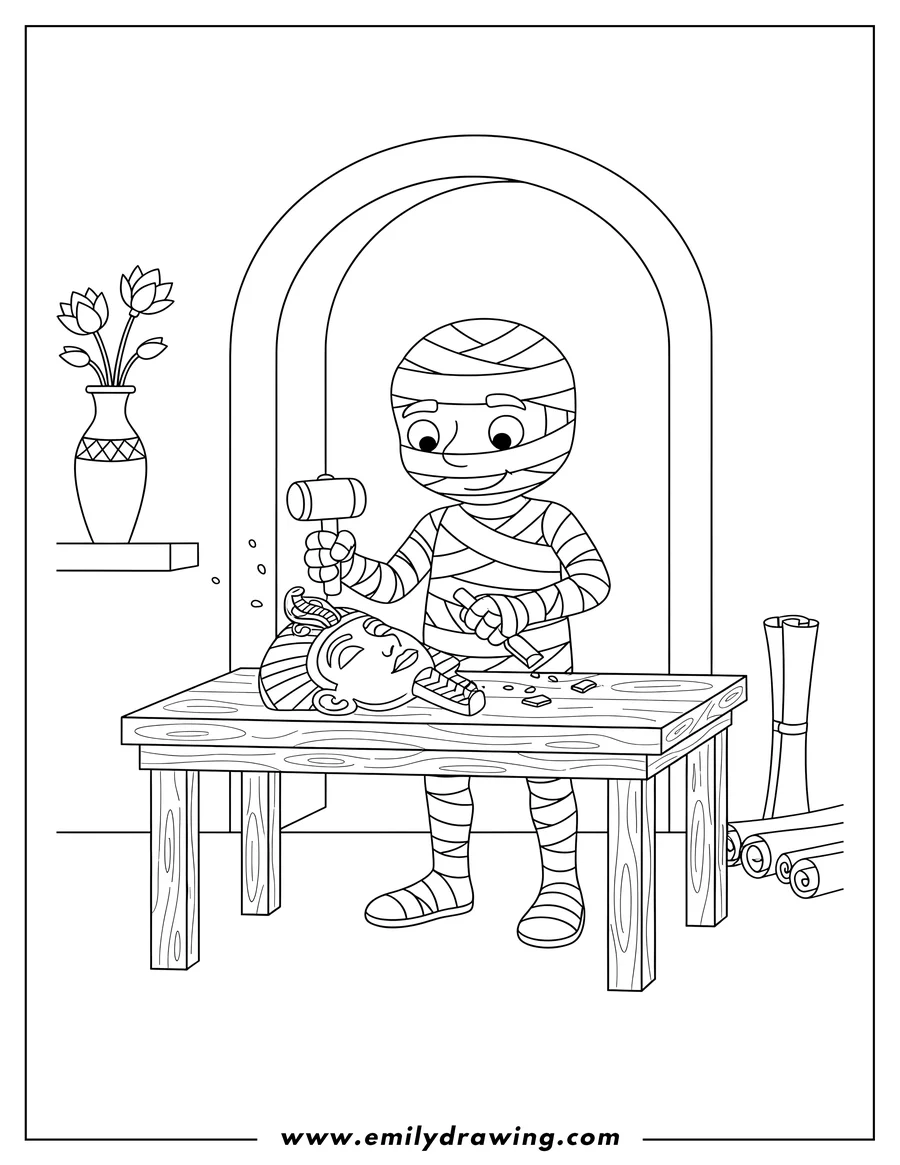 Coloring page for kids: A bandaged mummy using a tool to sculpt a pharaoh's death mask on a table in an artisan room