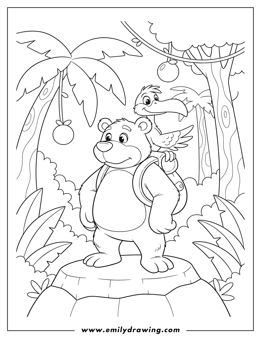 PDF style coloring page: nintendo Banjo Kazooie Jungle, Banjo looking out, Kazooie perched
