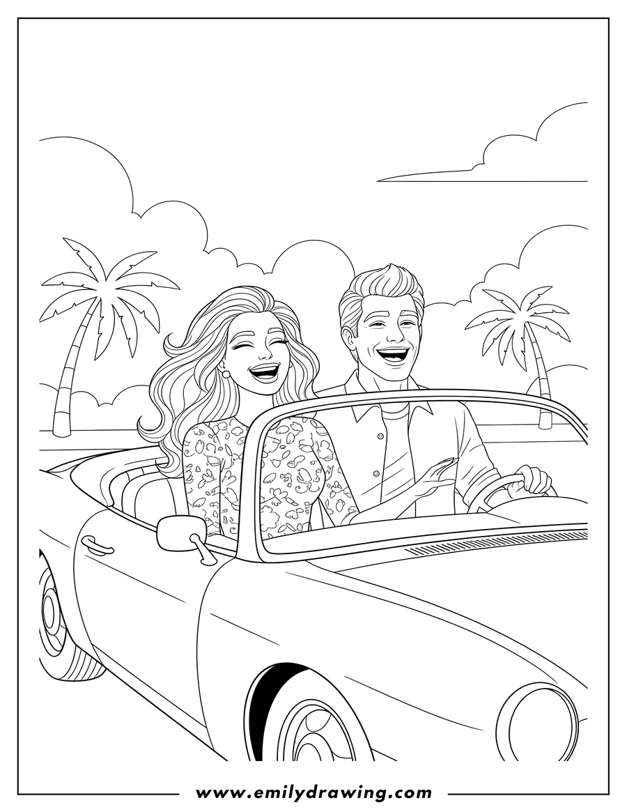 Clean line drawing: barbie and Ken from Barbie Movie, driving a car and laughing