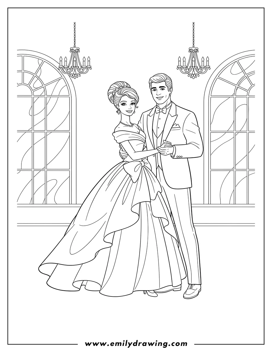 Coloring page for kids: barbie and Ken posing in formal wear for a dance