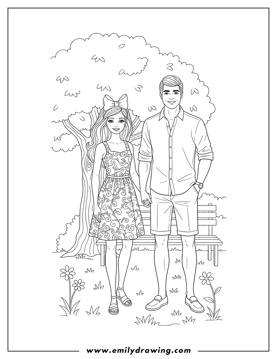 Linear illustration of barbie and Ken standing hand-in-hand in a park coloring page