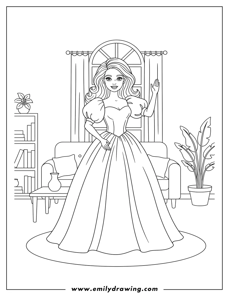 PDF style coloring page: barbie Doll standing in a dress in a living room coloring page
