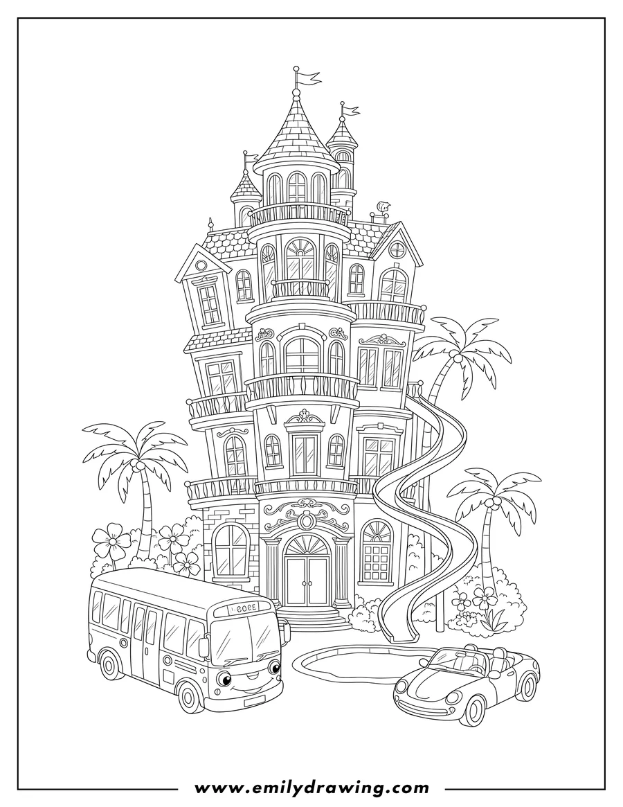 Simple sketch of barbie Dream House Mansion Scaled, with a bus, car, and slide to color