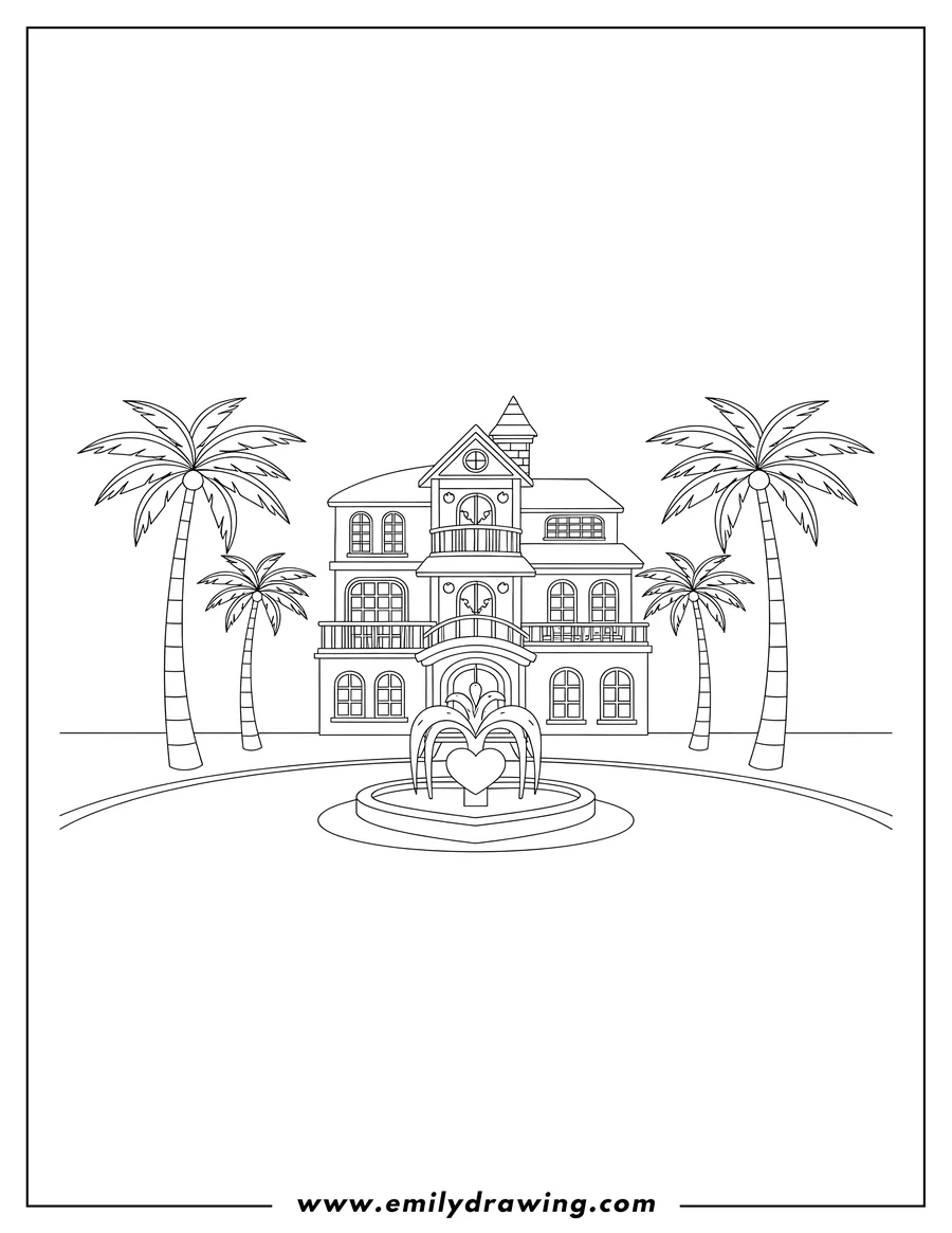 Black and white line art of barbie Dream House Scaled with palm trees, circular driveway, and heart fountain
