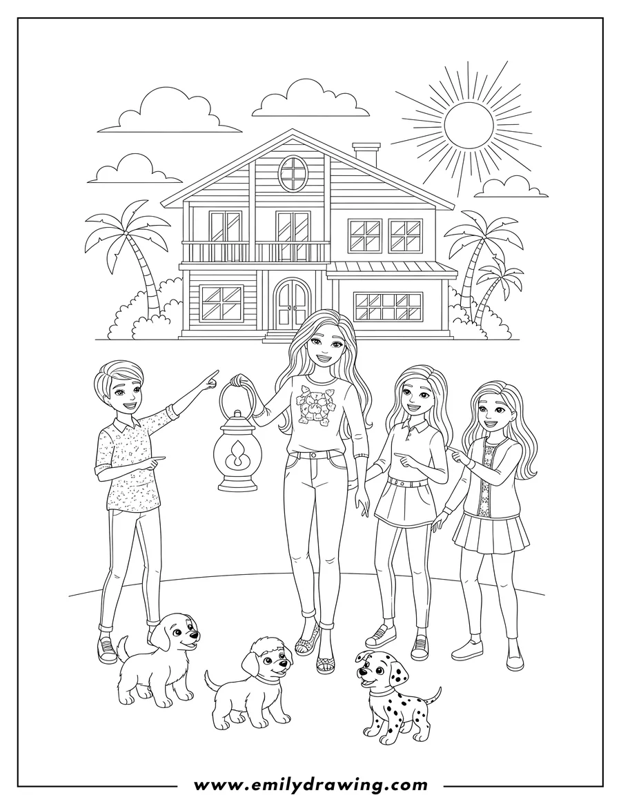 Outline drawing of barbie Dreamhouse Adventures To Color Scaled, with Barbie holding a lantern, friends, and puppies