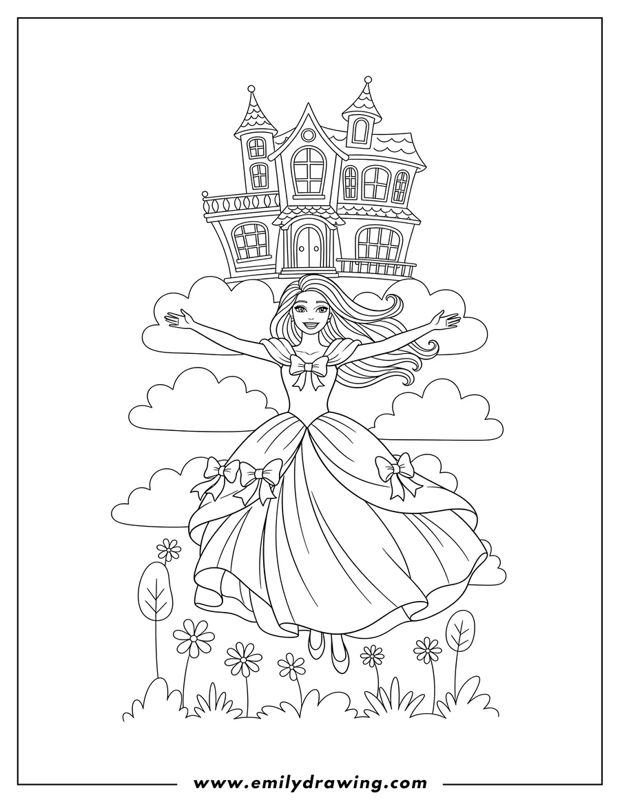 Full page coloring image of barbie Floating Down From Dream House To Color, smiling with her arms outstretched
