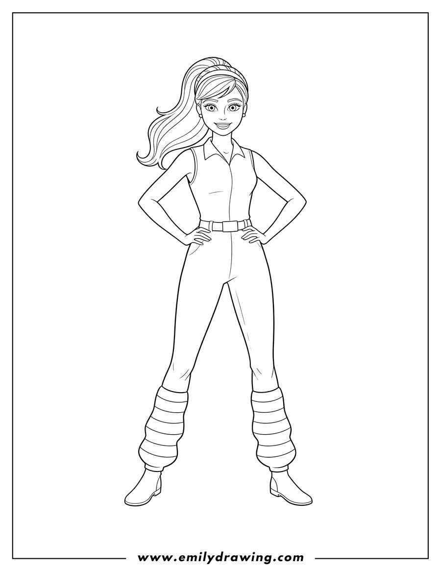 Printable coloring page of barbie From Toy Story Scaled, striking a pose with hands on hips, wearing a jumpsuit and leg warmers