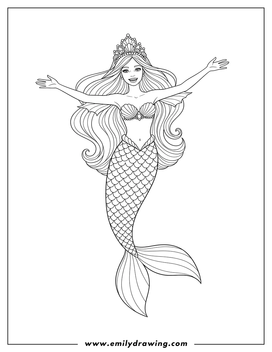 Free to print drawing of barbie Mermaid Scaled, wearing a crown, with arms spread wide