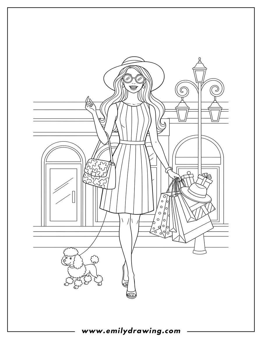 Coloring page of barbie Out Shopping Scaled, wearing a striped dress and holding a purse