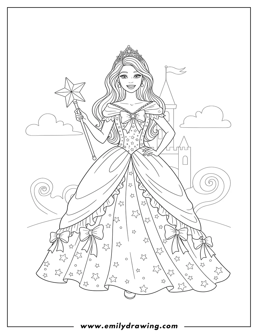 Black and white line art of barbie Princess standing, wearing a tiara, and holding a star-tipped wand