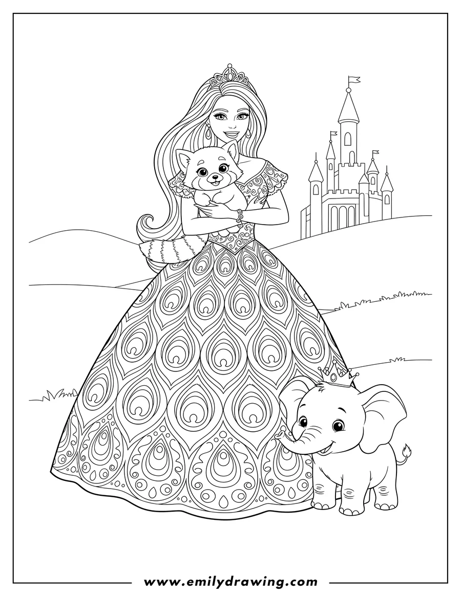 Printable line art of barbie princess in a patterned dress with peacock feathers, holding a red panda, and an elephant