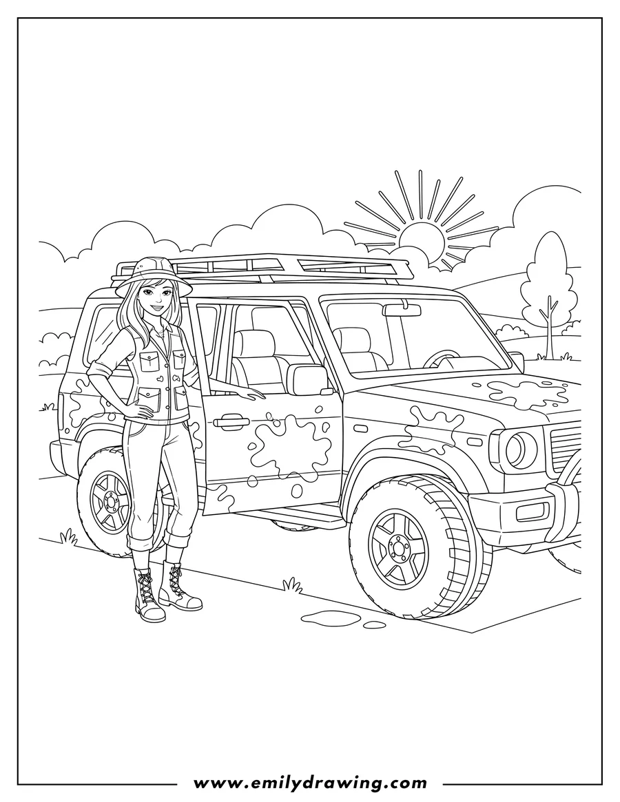 Printable coloring page of barbie standing next to her open SUV with mud splatters, ready for coloring