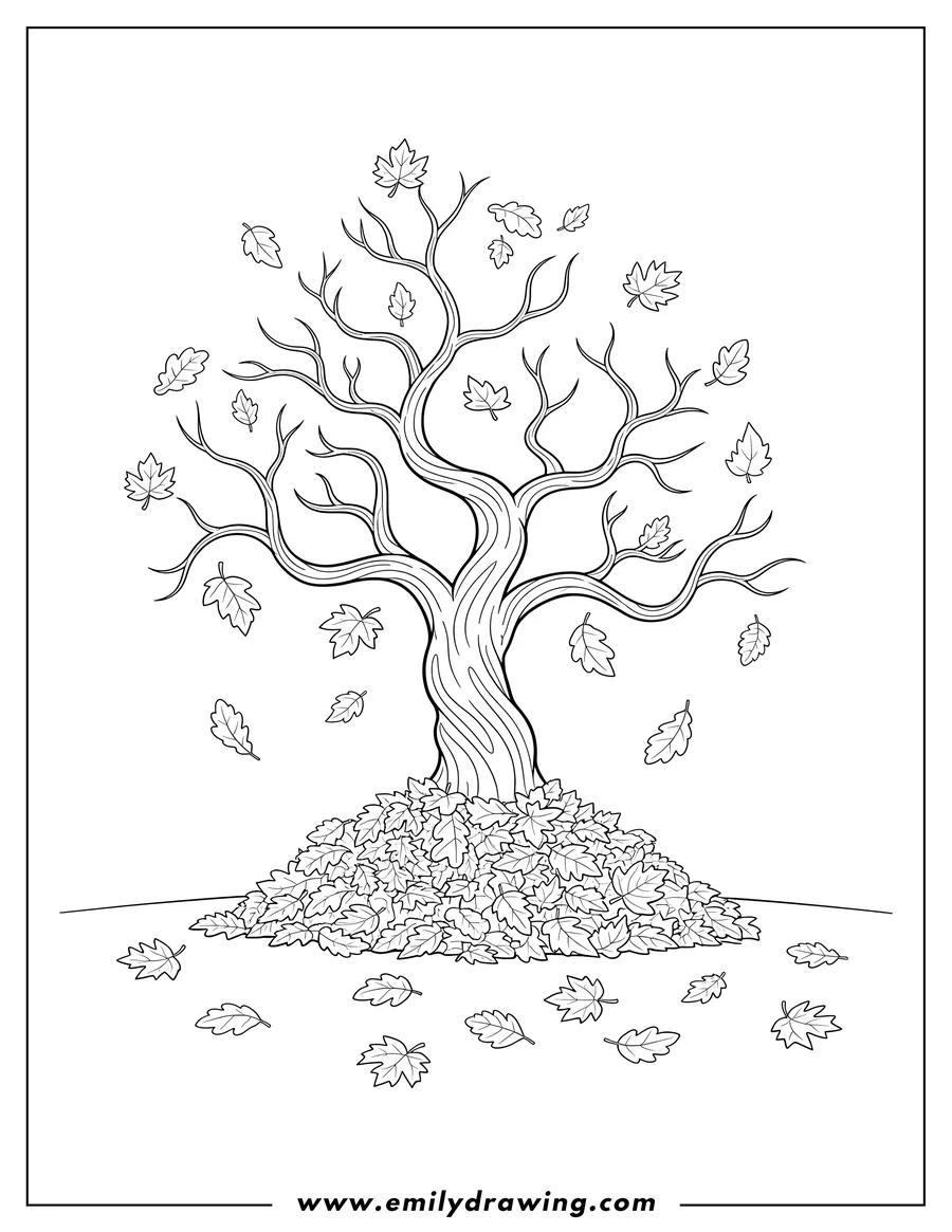 Clean line drawing: bare autumn tree with falling leaves and leaves on the ground