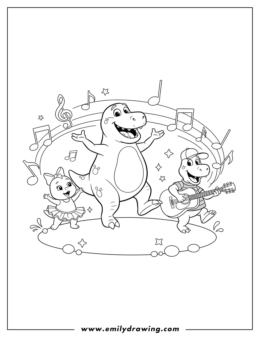 Clean line drawing: barney, Baby Bop, and BJ dancing and singing with musical notes