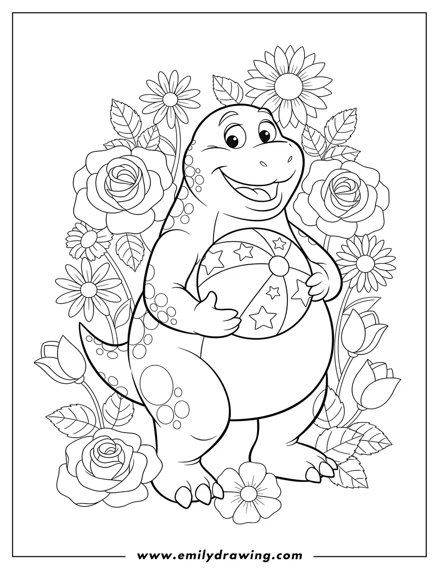 Coloring page for kids: barney smiling, holding a ball, surrounded by flowers