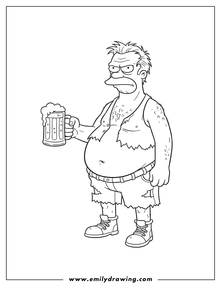 Coloring sheet featuring barney Gumple Holding Beer, standing with a grumpy expression and his belly showing