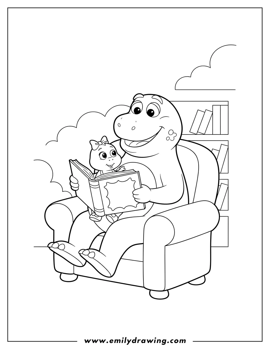 Linear illustration of barney sitting and reading a book to Baby Bop on his lap
