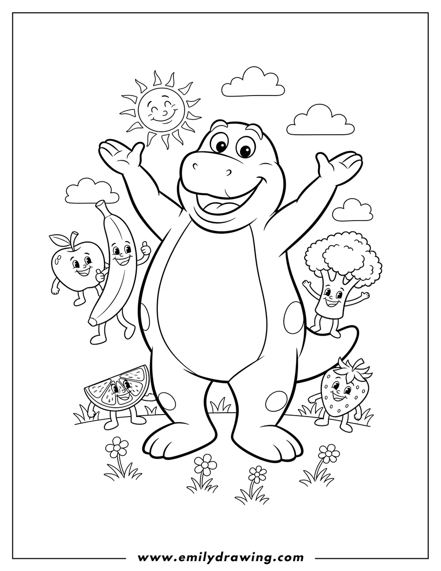 Free printable coloring sheet of barney smiling with arms raised, surrounded by smiling food friends
